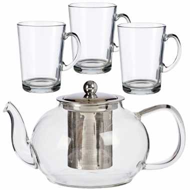 Glazen theepot met filter/infuser van 1100 ml met 6x stuks theeglazen van 285 ml