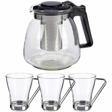 Glazen theepot met filter/infuser van 900 ml met 6x stuks theeglazen van 240 ml