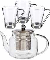 Glazen theepot met filter infuser van 500 ml met 3x stuks theeglazen van 240 ml