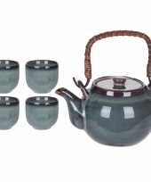 Moederdag cadeau giftset theepot met 4 bekers blauw keramiek